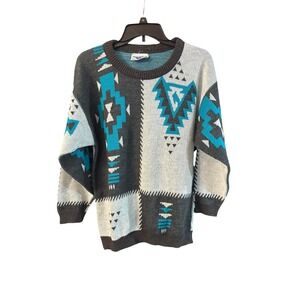 Vintage Justin Allen Southwestern Geometric Knit Sweater Teal Grey Mens Medium